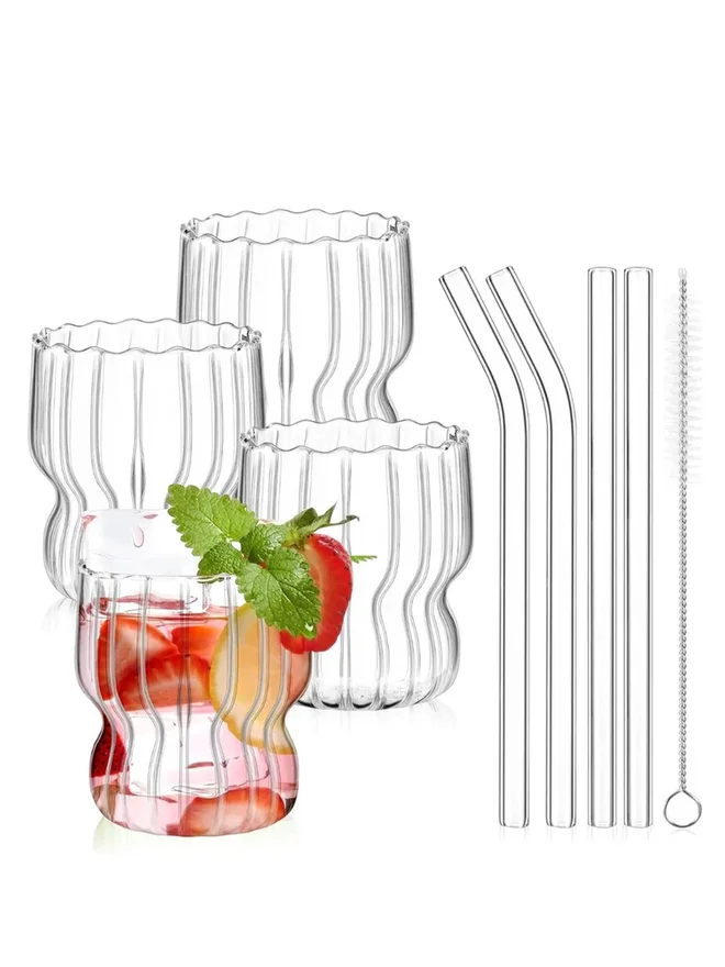 1Chase 1CHASE Set of 4 - Ripple Drinking Glasses with Straw 320ml